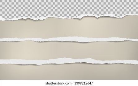 Torn, white and squared horizontal paper strips with soft shadow are on brown background. Vector template illustration