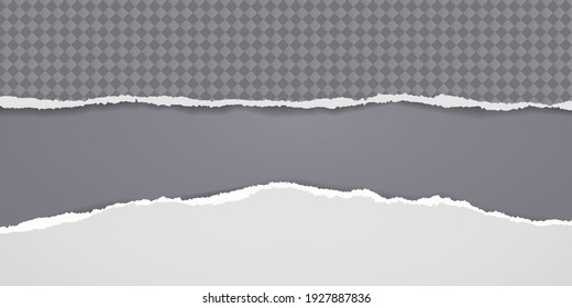 Torn of white and squared paper are on dark grey background for text, advertising or design. Vector illustration
