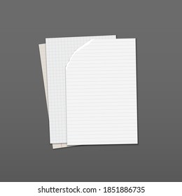 Torn of white stacked lined, math note, notebook paper are on dark grey background for text, advertising or design. Vector illustration