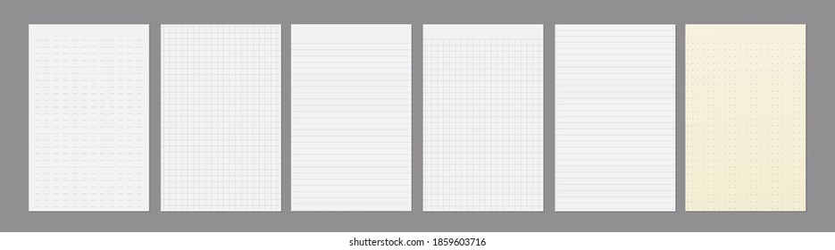 Torn of white and yellow lined, math note, notebook paper are on dark grey background for text, advertising or design. Vector illustration
