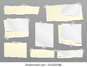 Torn white and yellow note, notebook paper pieces stuck with sticky tape on grey background. Vector illustration