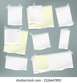 Torn white and yellow note, notebook paper pieces stuck with sticky tape on grey background. Vector illustration