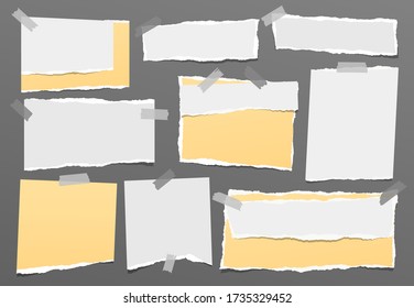 Torn of white and yellow note, notebook paper strips, pieces stuck on grey background. Vector illustration