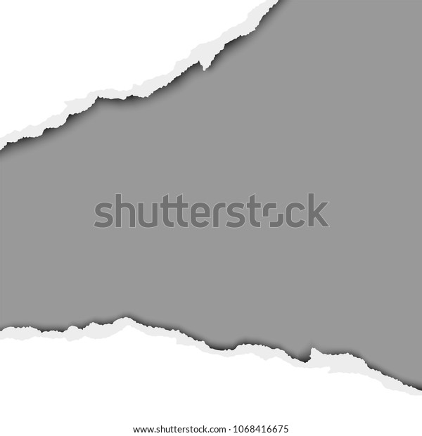 Torn wide hole of sheet of white paper with
shadow and gray background of the resulting window. Vector template
paper design.