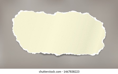 Torn yellow note, notebook grainy paper piece is on dark grey background. Vector illustration
