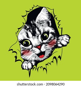 Torn yellow paper with happy kitten face inside. Vector illustration.