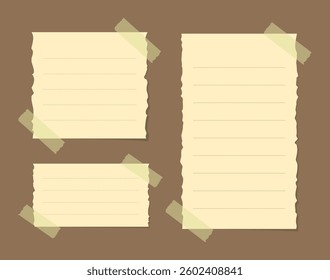 Torn yellow sticky note illustration set. Taped office memo paper mockup template.