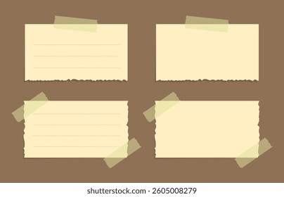 Torn yellow sticky note illustration set. Taped office memo paper mockup template.