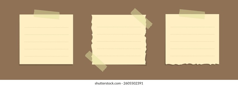 Torn yellow sticky note vector illustration. Taped square office memo paper template.