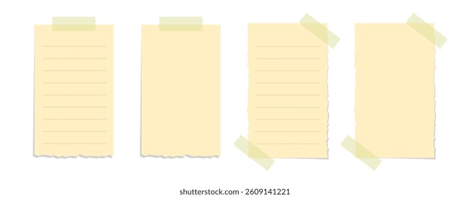 Torn yellow sticky note vector illustration set. Taped office memo paper mockup template.