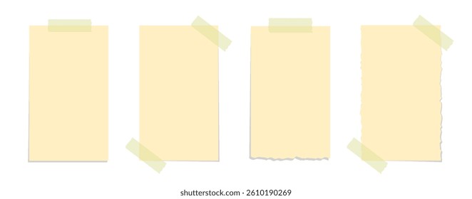 Torn yellow sticky note vector illustration set. Taped office memo paper mockup template.