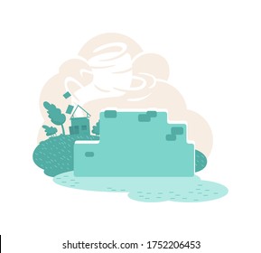 Tornado 2D vector web banner, poster. Hurricane in village destroying house. Natural disaster flat illustration on cartoon background. Bad weather printable patch, colorful web element