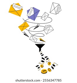 A tornado of applications flies into a sales funnel from which money drips. Vector illustration on the topic of promotion and sales in social networks.