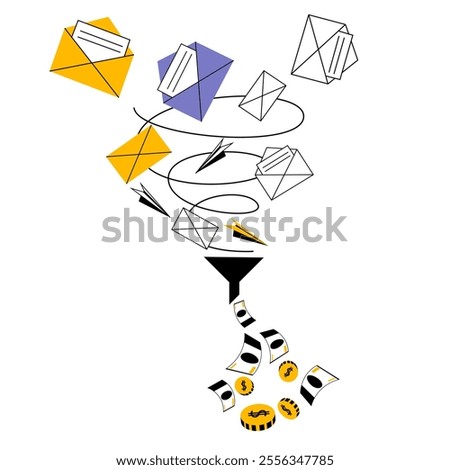 A tornado of applications flies into a sales funnel from which money drips. Vector illustration on the topic of promotion and sales in social networks.