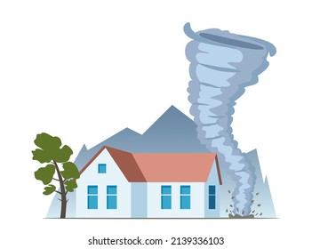 Tornado se acerca a la casa. Tornado con giros en espiral destruye edificios en barrio residencial, concepto de desastre natural ilustración vectorial