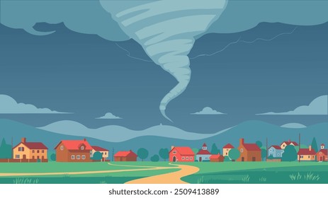 Tornado Approaching Rural Town Under Stormy Sky