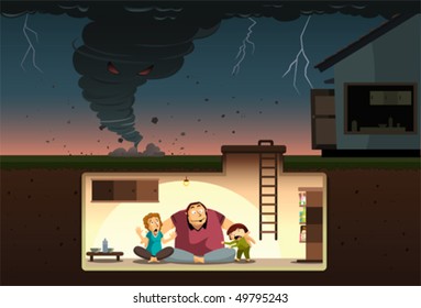 Tornado Attack! A family hiding from the raging tornado inside an underground bunker.