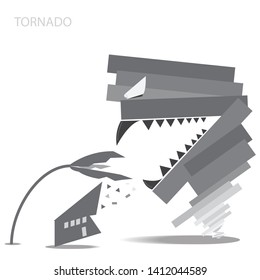 Tornado cartoon character holds a home and crushes down the palm tree. Hurricane storm in countryside landscape. Natural Disaster waterspout in field vector illustration.