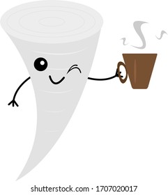 tornado cartoon character smiles and winks on a white background he holds in his hand a coffee cup with hot drinks the concept of vivacity and activity
