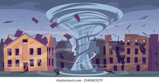 Tornado in city. Destroyed buildings after natural disaster. Hurricane in urban landscape. Damaged houses. Dilapidated dwellings with fissures. Destruction from storm