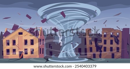 Tornado in city. Destroyed buildings after natural disaster. Hurricane in urban landscape. Damaged houses. Dilapidated dwellings with fissures. Destruction from storm