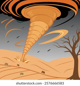 Tornado .climate change art work .dry tree .flying birds .bushes .Desert .Post .Art and Illustrator .Hurdle .global warming .dark the sky .Vector design 