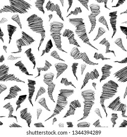 Tornado, clouds of smoke. Scribbled twister, hurricane seamless pattern. Hand drawn vector black and white illustration. Cartoon doodle. Background, wallpaper. Colouring page.