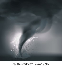 Tornado composition with bad rough weather fulmination realistic grogs thunder firestorm and bolt of lighting vector illustration