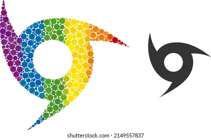 Tornado composition icon of filled circles in variable sizes and rainbow colored color tints. A dotted LGBT-colored tornado for lesbians, gays, bisexuals, and transgenders.