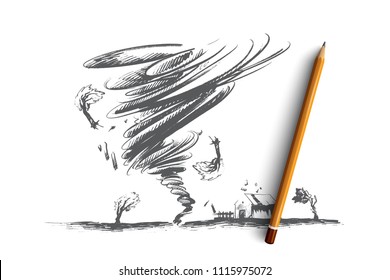 Tornado concept. Hand drawn tornado swirl damages village house and trees. Huge vortex destroyed building isolated vector illustration.