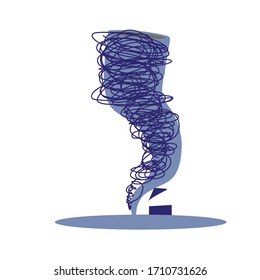 Concepto de tornado. El remolino de tornados a mano daña la casa del pueblo y los árboles. Vórtice enorme destruyó la construcción de ilustración vectorial aislada.