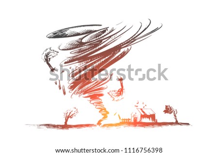 Tornado concept. Hand drawn tornado swirl damages village house and trees. Huge vortex destroyed building isolated vector illustration.