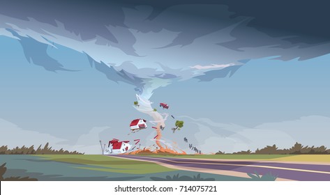 Tornado In Countryside Hurricane Landscape Of Storm Waterspout Twister In Field Natural Disaster Concept Flat Vector Illustration