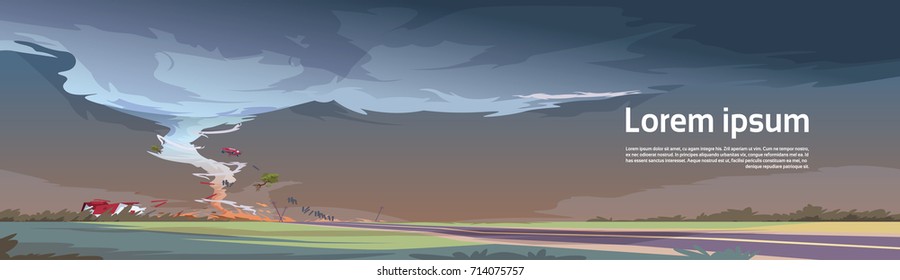 Tornado In Countryside Hurricane Landscape Of Storm Waterspout Twister In Field Natural Disaster Concept Flat Vector Illustration