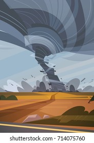 Tornado In Countryside Hurricane Landscape Of Storm Waterspout Twister In Field Natural Disaster Concept Flat Vector Illustration