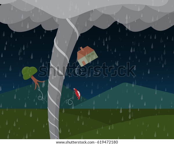 Tornado in countryside,\
vector landscape
