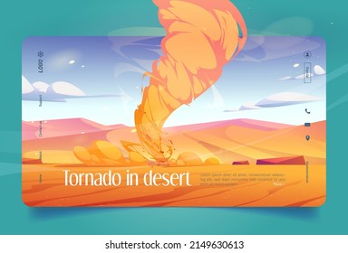 Tornado in desert banner. Sand whirlwind with air funnel. Vector landing page of dangerous weather phenomenon with cartoon desert landscape with yellow dunes and wind storm with dusty twister