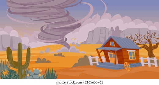 Tornado in desert. Cartoon sand storm natural disaster, desert landscape with old rustic house and air funnel. Vector background. Natural catastrophe near house, cactus and leafless tree