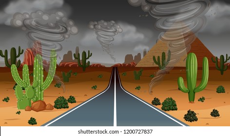 Tornado desert rain scene illustration