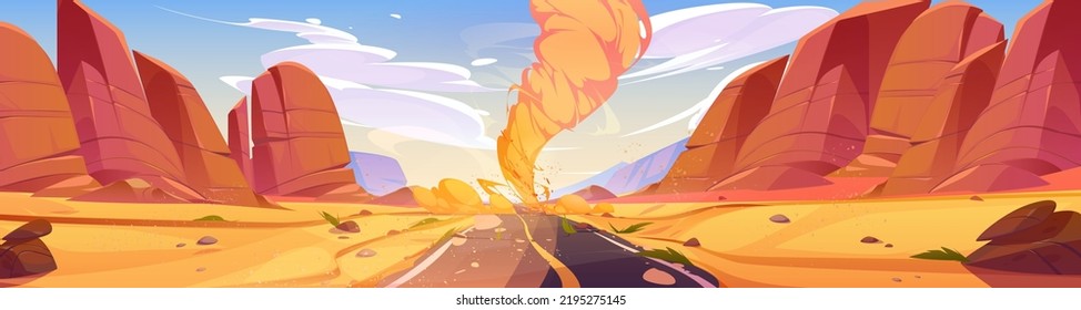 Tornado en la caricatura de la ruta del desierto sobre el paisaje natural. Tormenta eólica con embudo de aire en la autopista con asfalto rajado a lo largo de dunas de arena y vista de la perspectiva de las rocas. Vector de torbellino peligroso