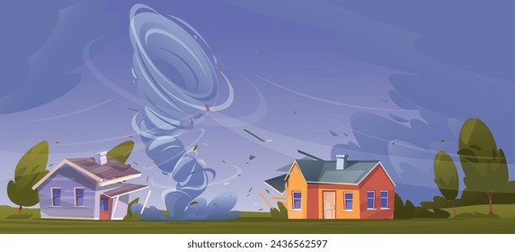 Tornado destroys houses. Natural catastrophe. Strong disaster. Destructive swirling wind. Force majeure circumstances. Dangerous hurricane vortex. Countryside landscape