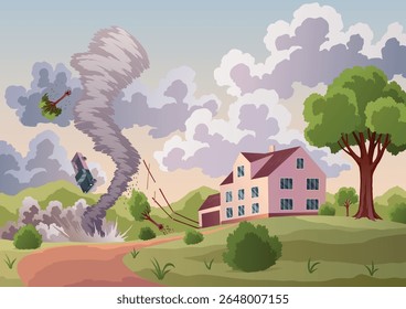 Tornado destrói casas. Catástrofe natural Desastre forte. Vento sibilante destrutivo. Circunstâncias de força maior Perigoso vórtice de furacão. Paisagem rural