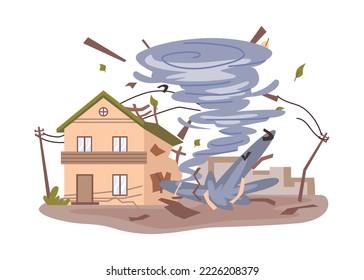 Tornado destructive vortex damaging houses on its way. Isolated natural disaster and catastrophe, cataclysm of storm or wind gusts. Vector in flat style