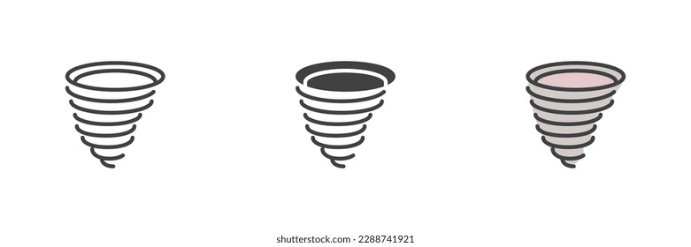 Tornado different style icon set. Line, glyph and filled outline colorful version, hurricane weather outline and filled vector sign. Symbol, logo illustration. Vector graphics