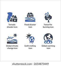 Desastre de tornado, Inundación, Incendio forestal, cambio climático, Derretimiento de la tierra, Calentamiento global, icono