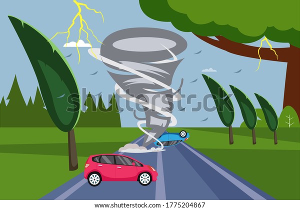 Tornado disaster vector concept: tornado throwing\
cars at the palm tree\
field