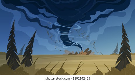 Tornado disaster vector illustration, stormy weather over the countryside field landscape. 