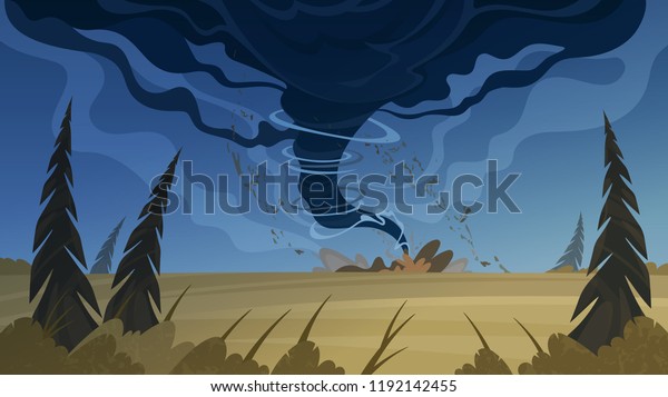 田舎の野原の風景の背景に嵐のような天気の竜巻の災害ベクターイラスト のベクター画像素材 ロイヤリティフリー