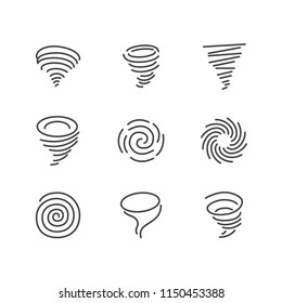 Tornado flat line icons. Hurricane, storm vector illustrations. Thin signs of nature disaster. Pixel perfect 64x64. Editable Strokes.