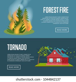 Tornado and forest fire banners. Natural disaster concept, danger regional catastrophe, dangerous weather and extreme climate. Warning about emergency situation vector illustration in cartoon style.